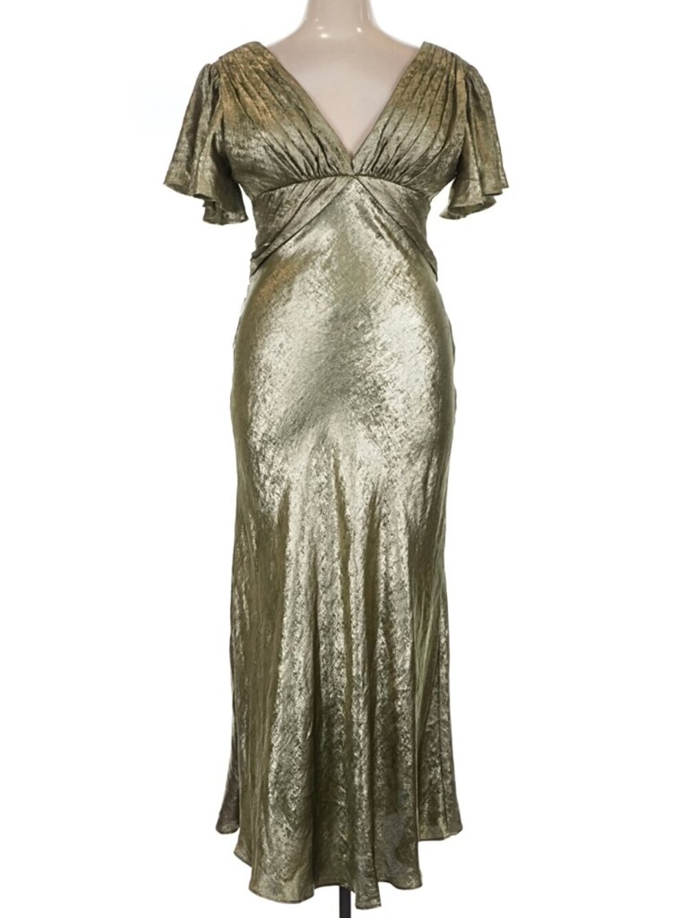 NWT Azazie Atelier Nancy Gold Leaf Plunging Maxi Lamé Formal Dress Size 14